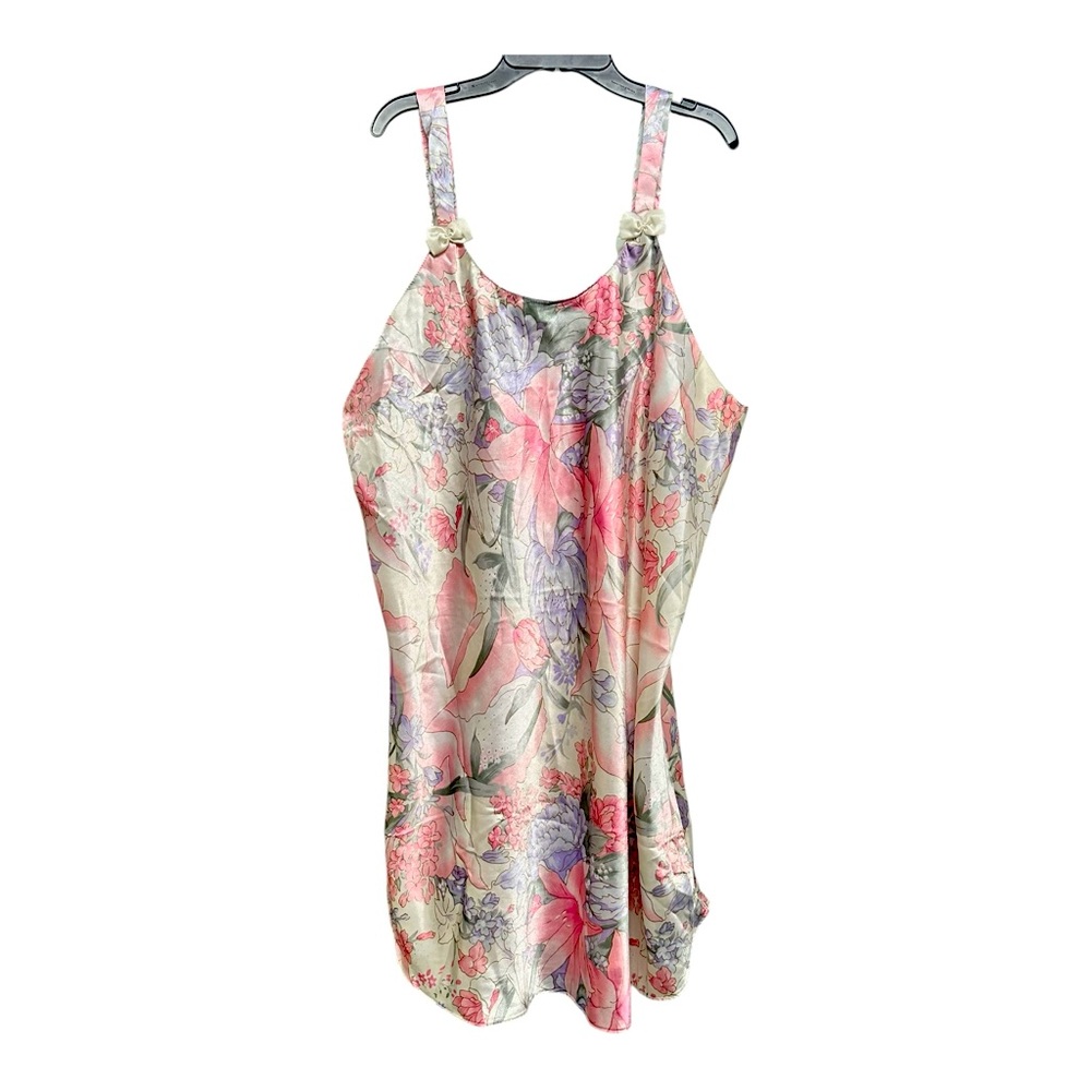 Handmade Vintage Style Satin Floral Slip Dress XL Bow Strap Lingerie Cottagecore